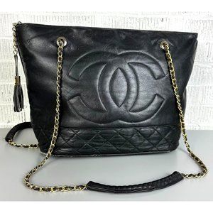 Vintage Chanel Black Quilted Leather Tote Bag Double Gold Chain Strap CC ***
